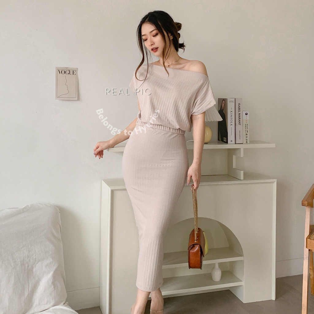 HYERIES Sihyeon set / Atasan Casual Wanita Korea Sabrina One Shoulder / Off Shoulder Top / Blouse Wanita / Sabrina top / Rok highwaist skirt / Rok span / Dress kondangan / Skirt Bodycon dress / Simple dress korea / Sabrina dress polos / Rok kerja