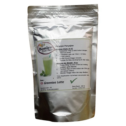 

BONICO Greentea Latte 250gr premix tepung serbuk Bubuk Minuman rasa kekinian instan Ice Blend Milk Shake Smoothies drink powder green tea grosir distribtor produsen franchise