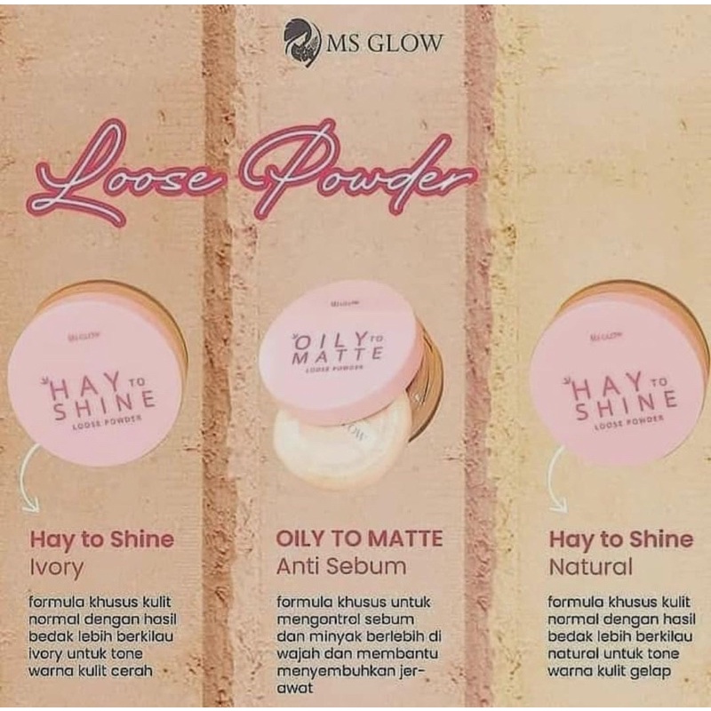 Ms glow loose powder hay to shine natural haytoshine ivory dan oily to matte anti sebum bedak tabur msglow beauty ms cosmetics-6