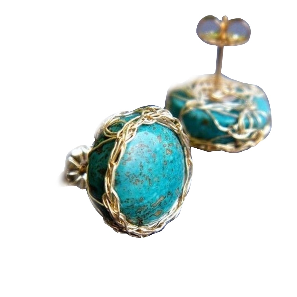 Perhiasan Anting Stud Bentuk Bulat Turquoise Tiruan Gaya Vintage Untuk Hadiah Wanita