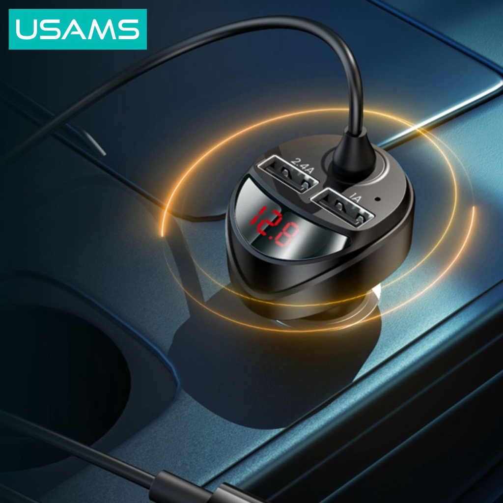 USAMS C22 Car Charger Mobil with 3IN1 Spring Cable Dual USB 3.4A Digital Display