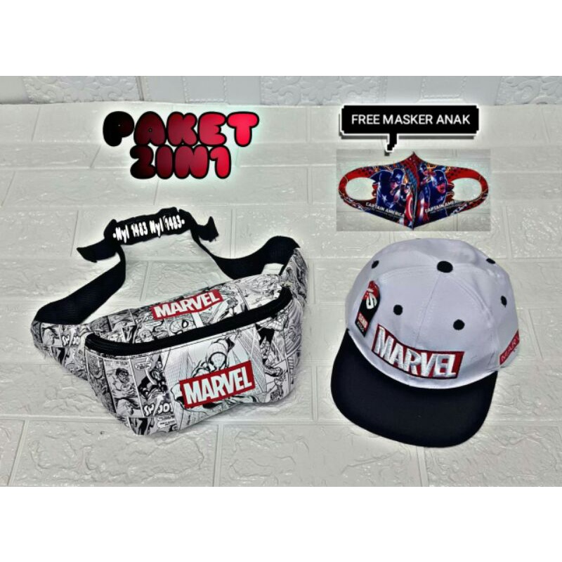 FREE MASKER ANAK paket 2in1 tas selempang anak dan topi anak waist bag anak COD waistbag anak laki laki topi anak laki