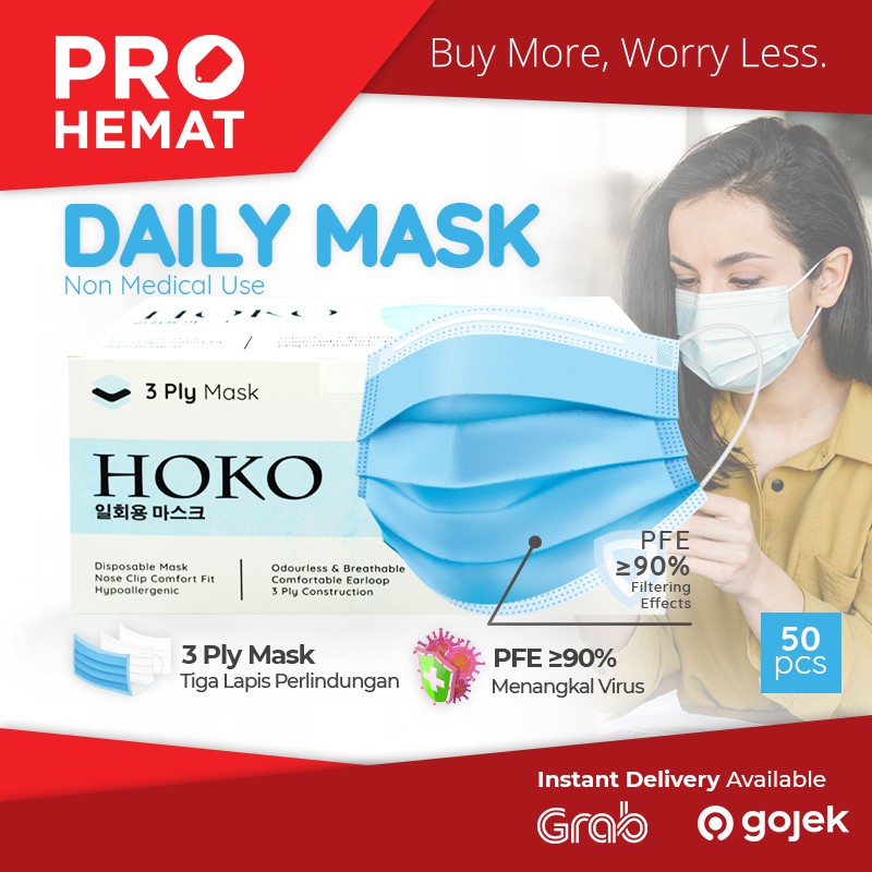 PROHEMAT Disposable Face Mask HOKO Hitam 50s Masker Kesehatan 3ply Masker wajah Earloop