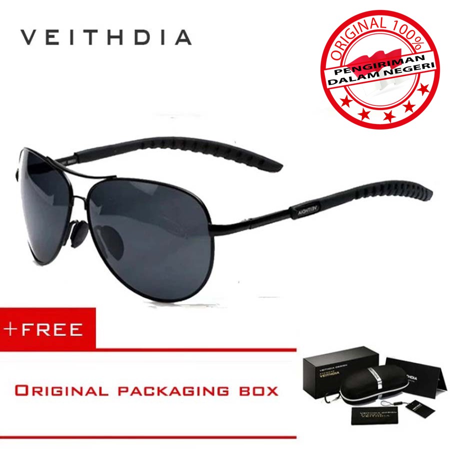 Veithdia 3088 Kacamata Hitam Pria Pilot Aviator Sport dan Travel Polarized Sunglasses Free Hardcase