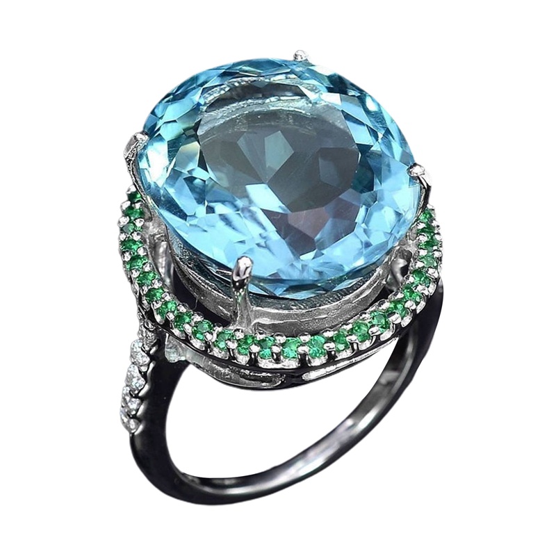 Cincin Silver 925 Bentuk Telur Hias Berlian Zirkon Topaz Biru Laut Hijau Untuk Wanita