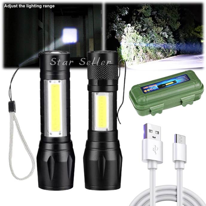 Senter LED Mini Zoom XPE Klip Alumunium XPE Tali ABS COB USB Charger Box Hijau 3 Mode Lampu