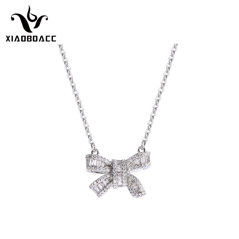 XiaoboACC Kalung Rantai Titanium Steel Liontin Pita Hias Zircon Ukuran Untuk Wanita - 38CM + 6CM