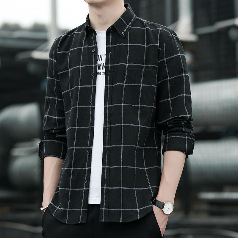 kemeja flannel pria dasar hitam garis putih