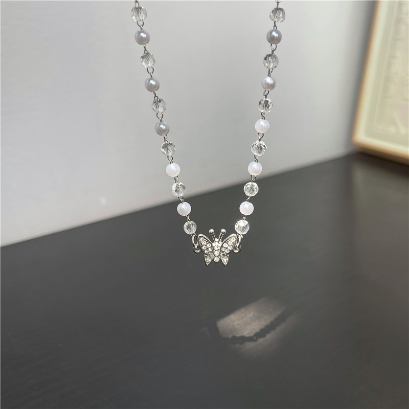 Korea Fresh Transparent Crystal Butterfly Necklace Beautiful Girl Fashion Necklace Lady Pearl String Jewelry Gift