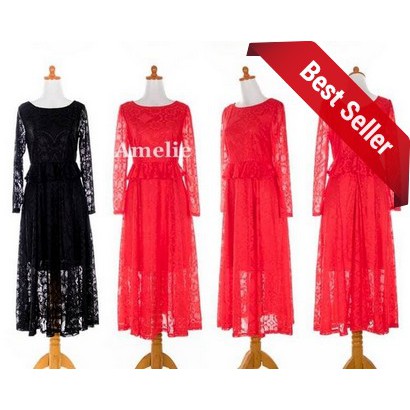 HOT Dress Import Long Gaun Pesta Lengan Lace Brukat Korea Black Red Merah Wanita Murah