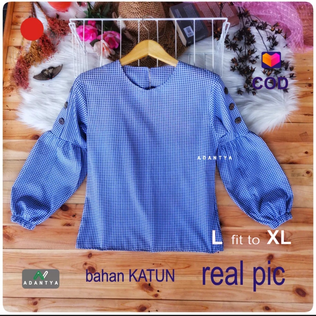 atasan motif kotak tops blouse adantya balon muslimah wanita 2021 hijab lengan panjang
