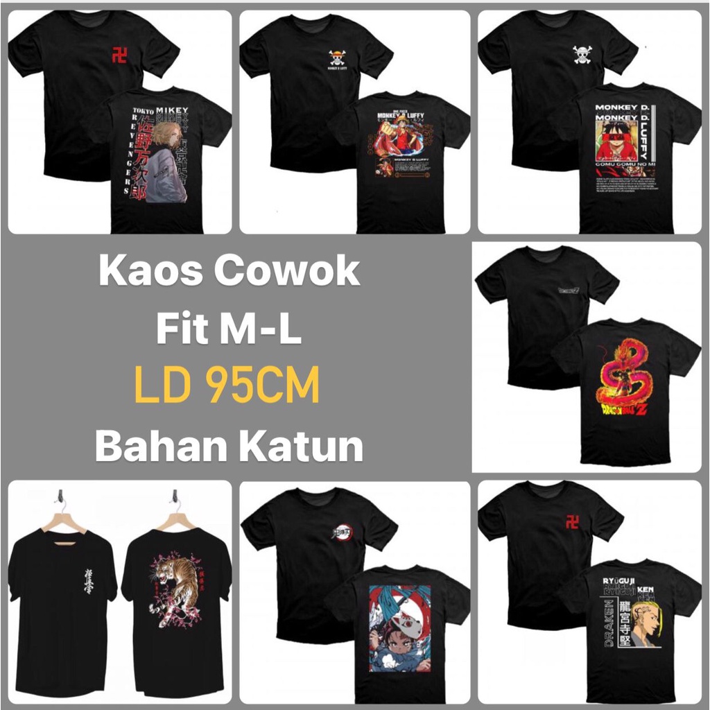 Kaos Cowok Black Tee atasan laki laki casual hitam baju remaja katun adem gambar anime