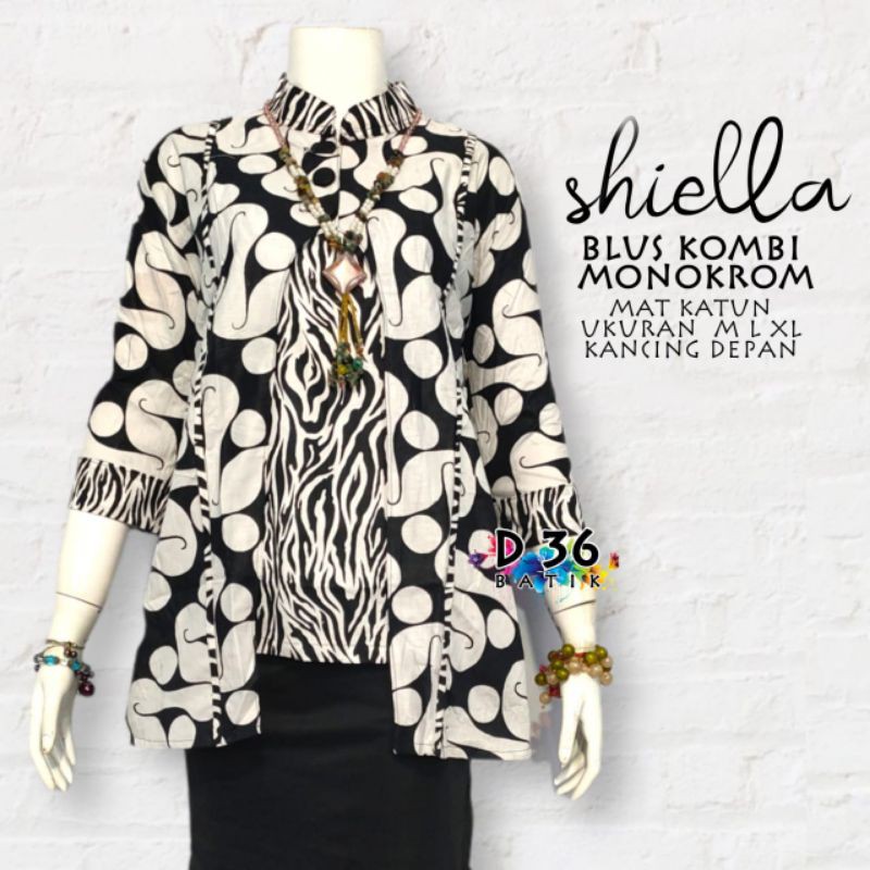Blus Shiella hitam putih monokrom pendek lengan panjang Baju atasan katun halus Batik Wanita remaja cewek abg Kasual kerja kampus kuliah seragam seragaman kembaran sekolah etnik fashion Modern kasual trendy cantik kekinian terkini terbaru-Barong