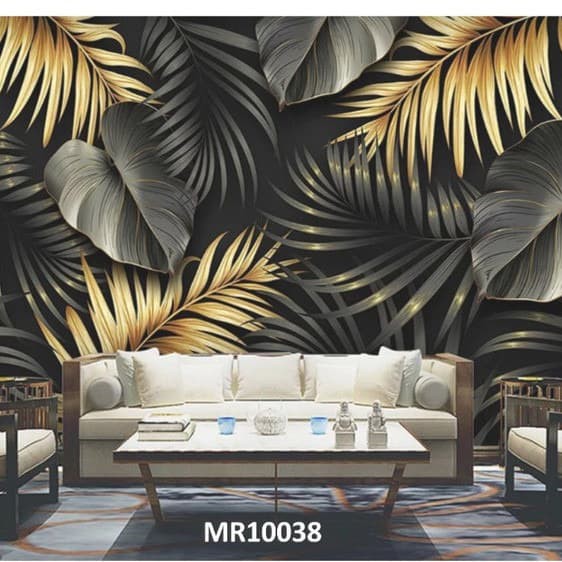 PHOTOWALL MURAL DINDING WALLPAPER MURAL MOTIF DAUN HITAM GOLD ELEGANT 3D