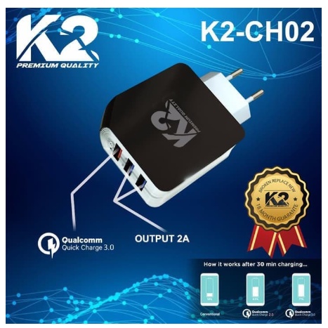 3 PORT USB Charger K2 Premium Quality K2-CH02 QUALCOMM 3.0 FAST