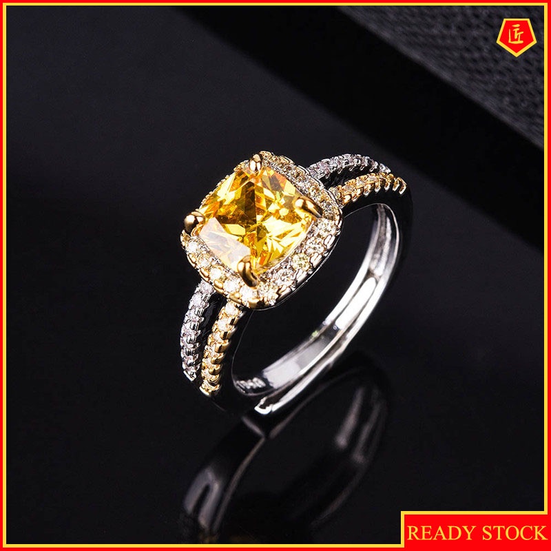 Fashion Creative Double-Layer Full Diamond Yellow Diamond Princess Square Open Ring