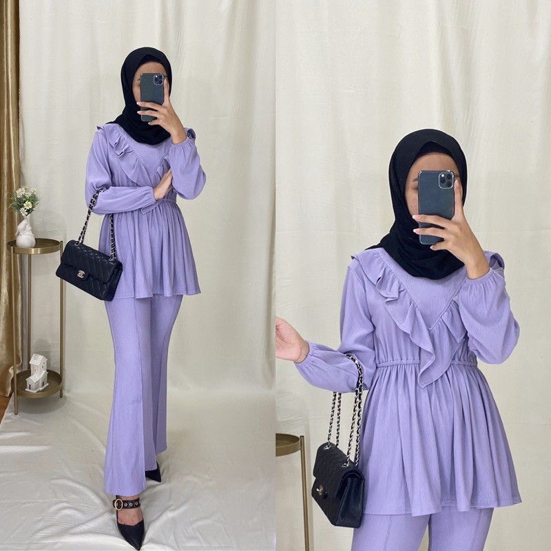 ANGGUN RUFFLE SET | ONE SET PREMIUM BAHAN PLEATS IMPORT | SETELAN DAPAT BAJU + CELANA