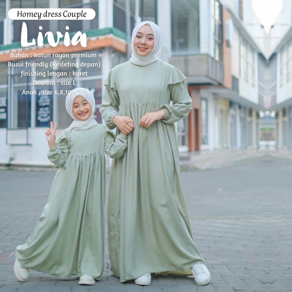 Homey Dress LIVIA Premium/Gamis Couple Mom &amp; Kids/Dress Rayon/Bahan Katun Rayon Premium/Gamis Busui Resleting Depan/Dress Tali Samping