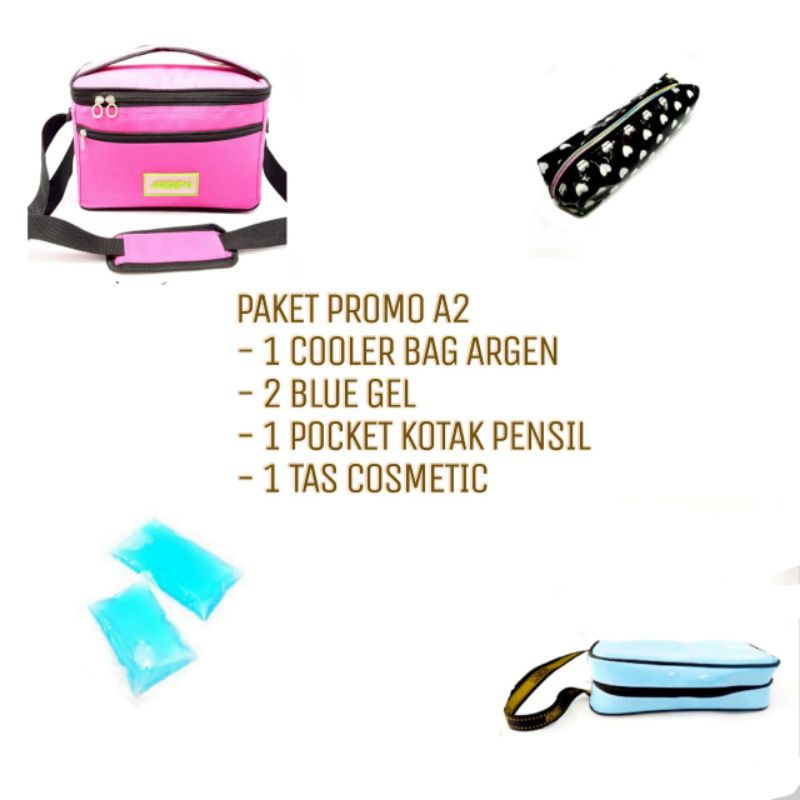 PROMO PAKET A2 , COOLER BAG ARGEN + 2 BLUE GEL + 1 TEMPAT PENSIL + 1 TAS COSMETIC