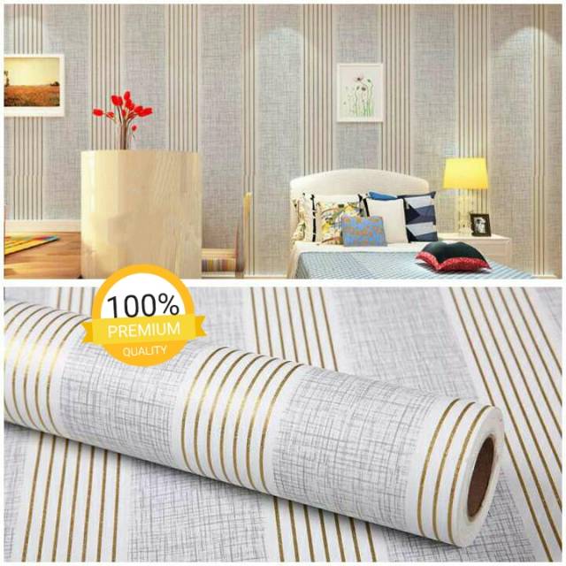 Grosir Murah - Wallpaper Sticker Dinding Emas Bergaris Serat Silver Elegan 10m X 45cm