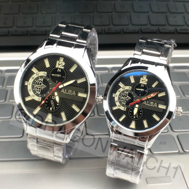 ［Ready Stock］Jam tangan couple rantai silver kaca biru fashion mural   S1126