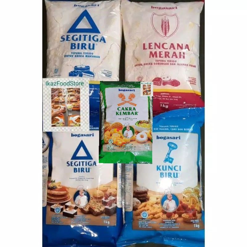 

Tepung Terigu Segitiga biru premium 1 KG, Kunci & Cakra Kembar Premium Segitiga biru, Lencana merah