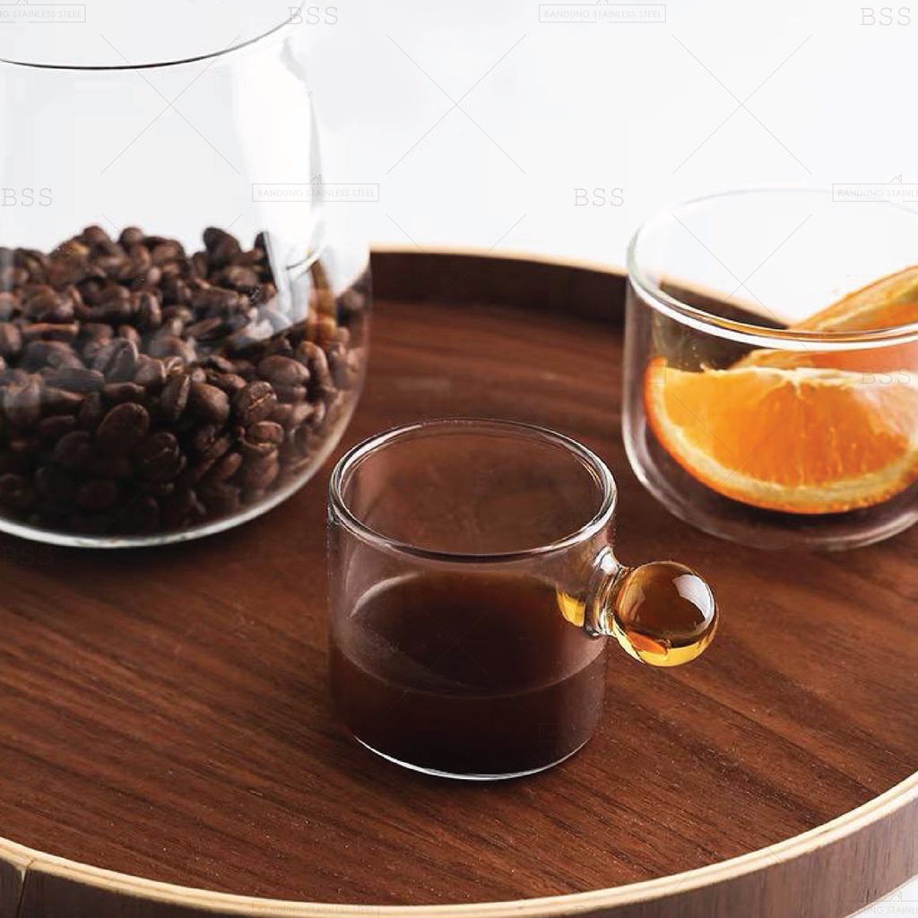 Gelas Kaca Kecil 90ml Borosilicate Cangkir Pegangan Bulat Warna Lucu Mini Teh Kopi Minuman Dessert