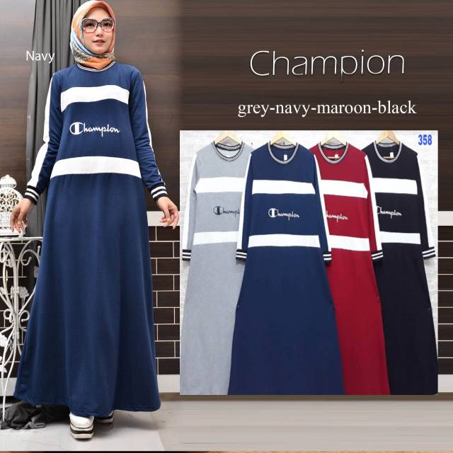 Champion Maxy, maxi dress, dress motif champion, long dress, gamis, dress muslim, kekinian, modis