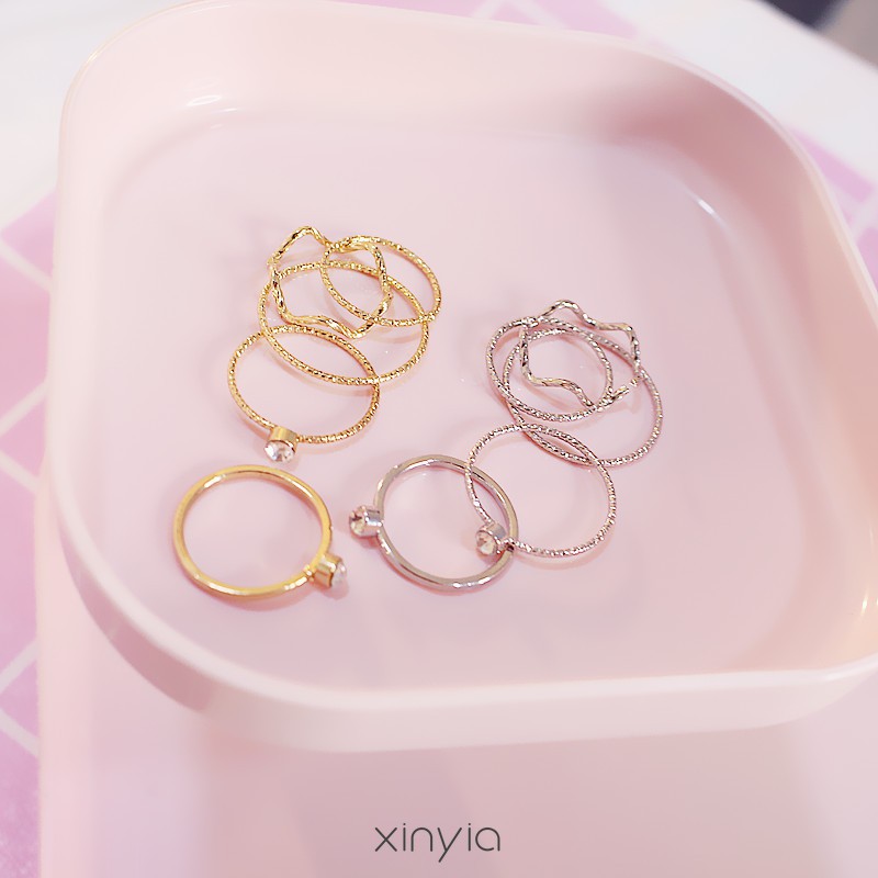 5Pcs / Set Cincin Jari Aneka Bentuk Warna Silver untuk Wanita