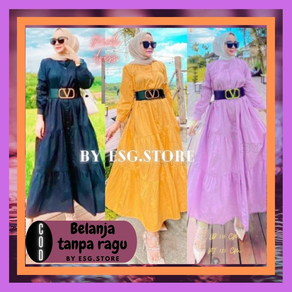 Baju Musilm Midi Dress Lenora Midi Dress Korea Midi Panjang Trend Gaun Hijab Casual Wanita Kekinian