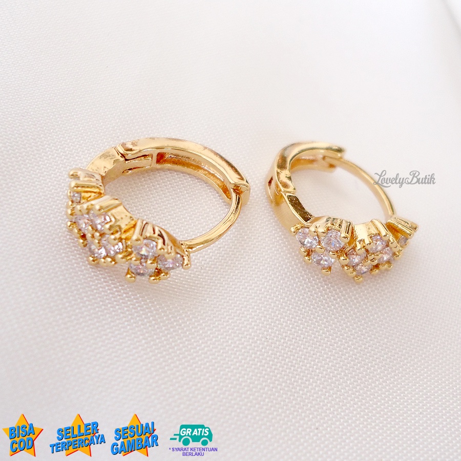 Lovelybutik Anting Jepit Xuping Dewasa Imeld4 Anting Wanita Anti Karat Model Bunga Diamond Lapis Emas