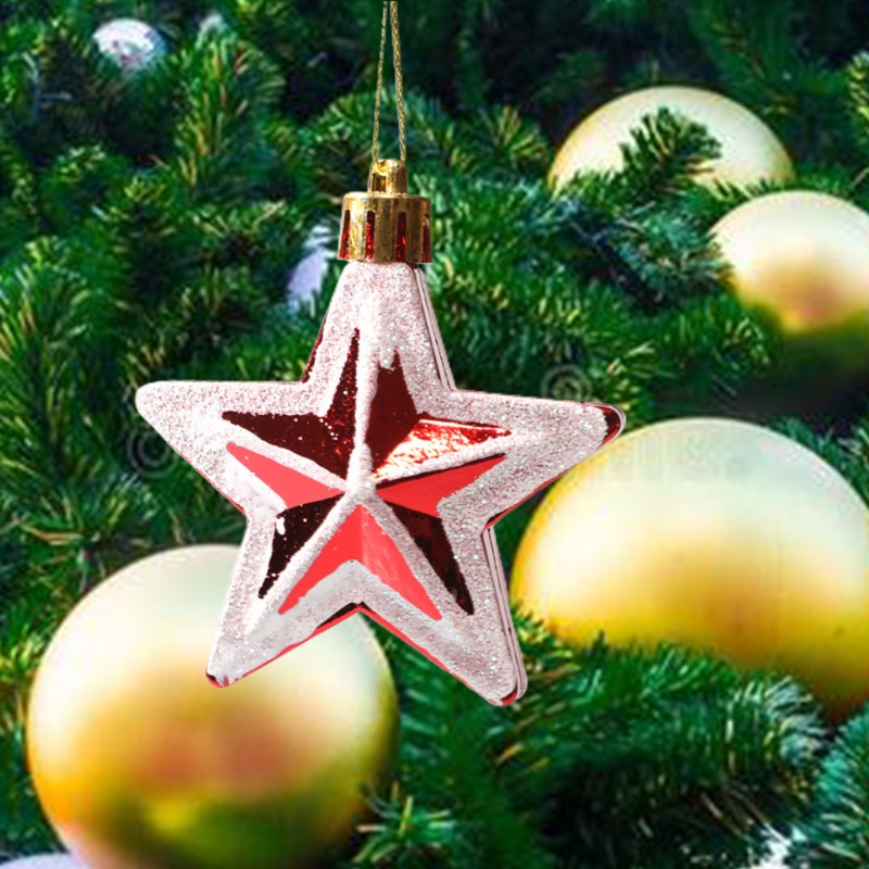 1 Kotak Ornamen Gantung Bentuk Bintang Warna Merah Putih Untuk Pohon Natal