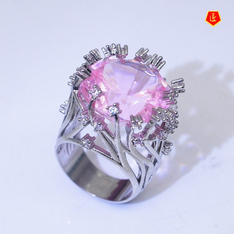 [Ready Stock]Inlaid Pink Crystal Ring Female Sweet Creative Exaggerating Branch Shape