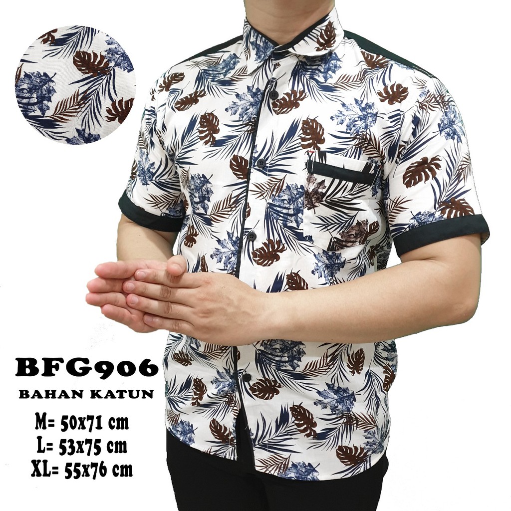  Baju  Kemeja  Lengan Pendek Motif Daun  Abstrak Putih Biru 