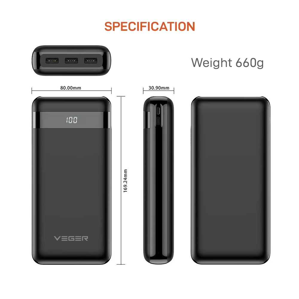 Powerbank Power Bank Veger V31 30000mAh 3 Ports USB Output 2.4A LED Digital Display