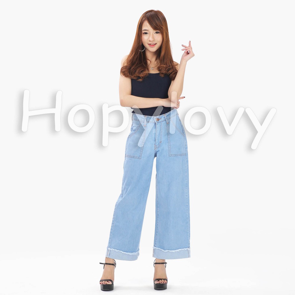 HOPYLOVY - Celana Boyfriend Jeans Kulot Wanita Stik Balik Lionel