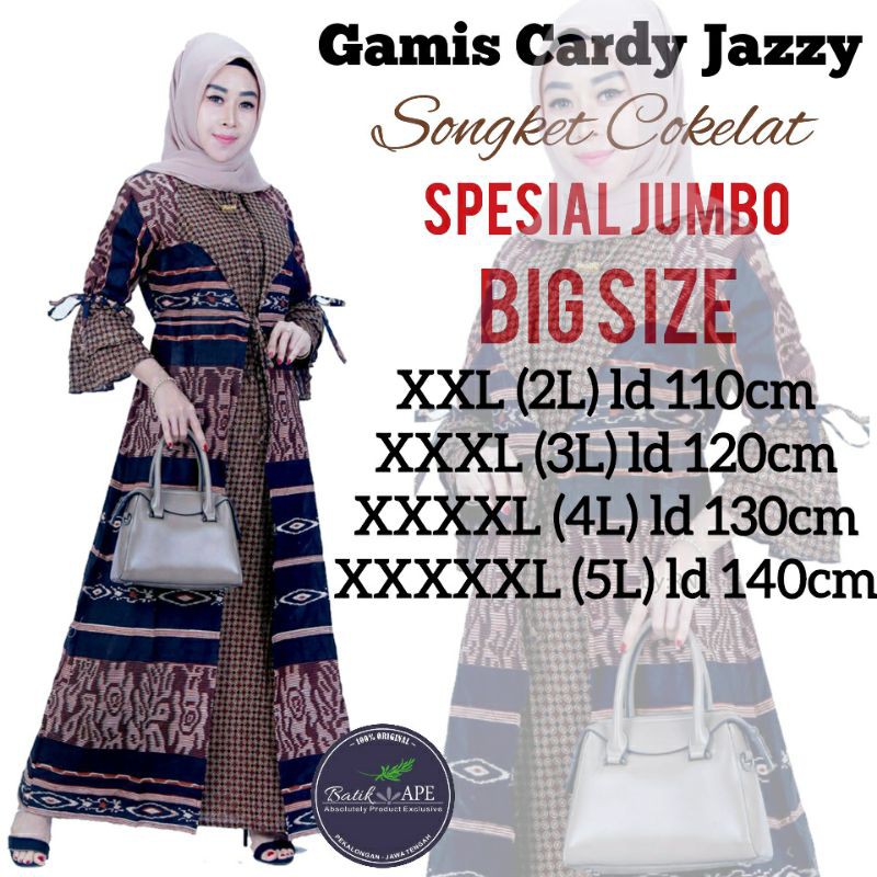 GAMIS CARDY JAZZY SONGKET COKELAT BATIK UKURAN JUMBO SUPER BIG SIZE XXXL XXXXL  XXXXXL LD 140CM