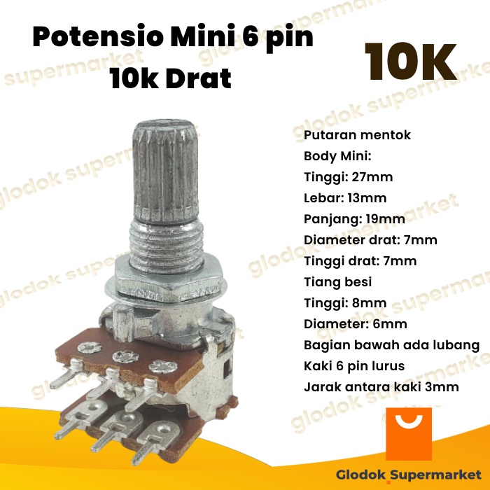 Potensio Mini 6 pin 10k Drat Stereo Kaki 3-3 Lurus Potentio Meter 103