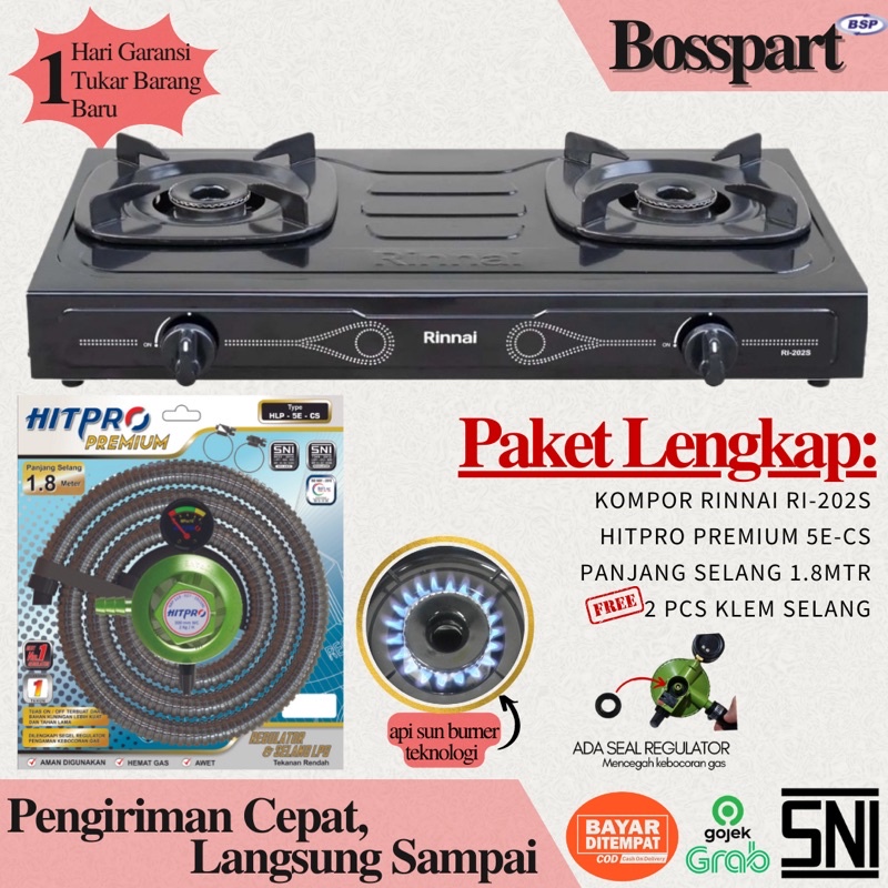 Paket Kompor Gas Rinnai 2 Tungku RI-202s bonus selang regulator Hitpro