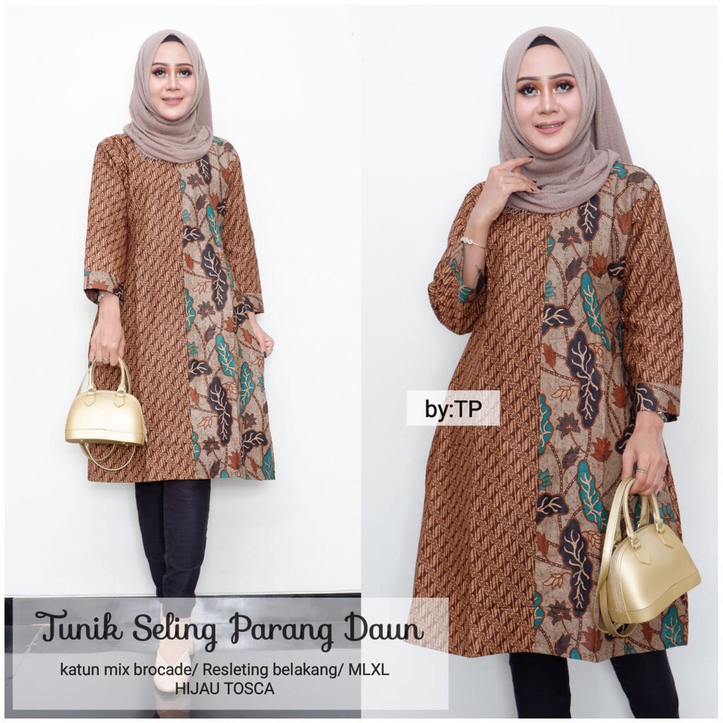 Tunik Seling Parang Daun Batik Sogan Modern Dress Casual Kerja Seragam