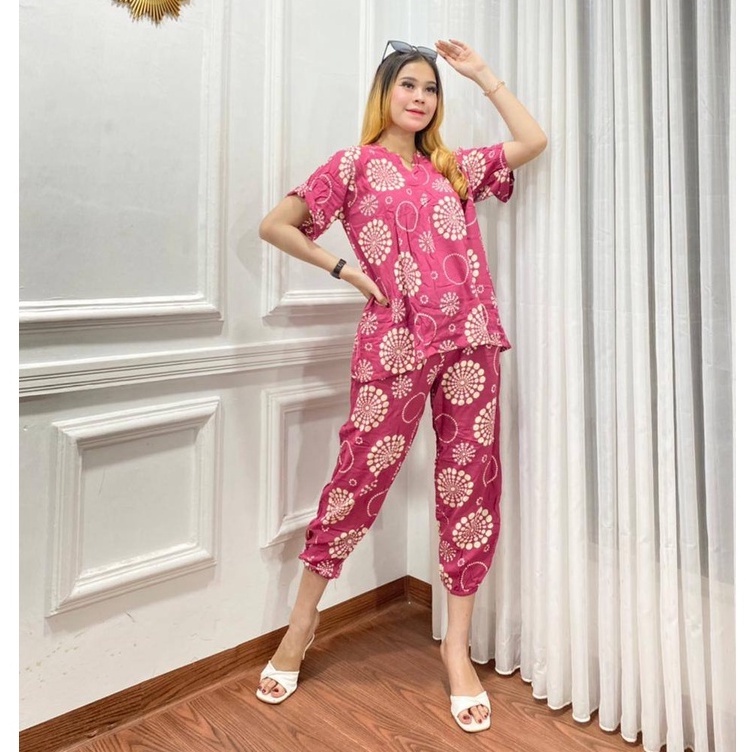 Joger Setelan Wanita Kekinian One Set Rayon Motif Bunga Terbaru