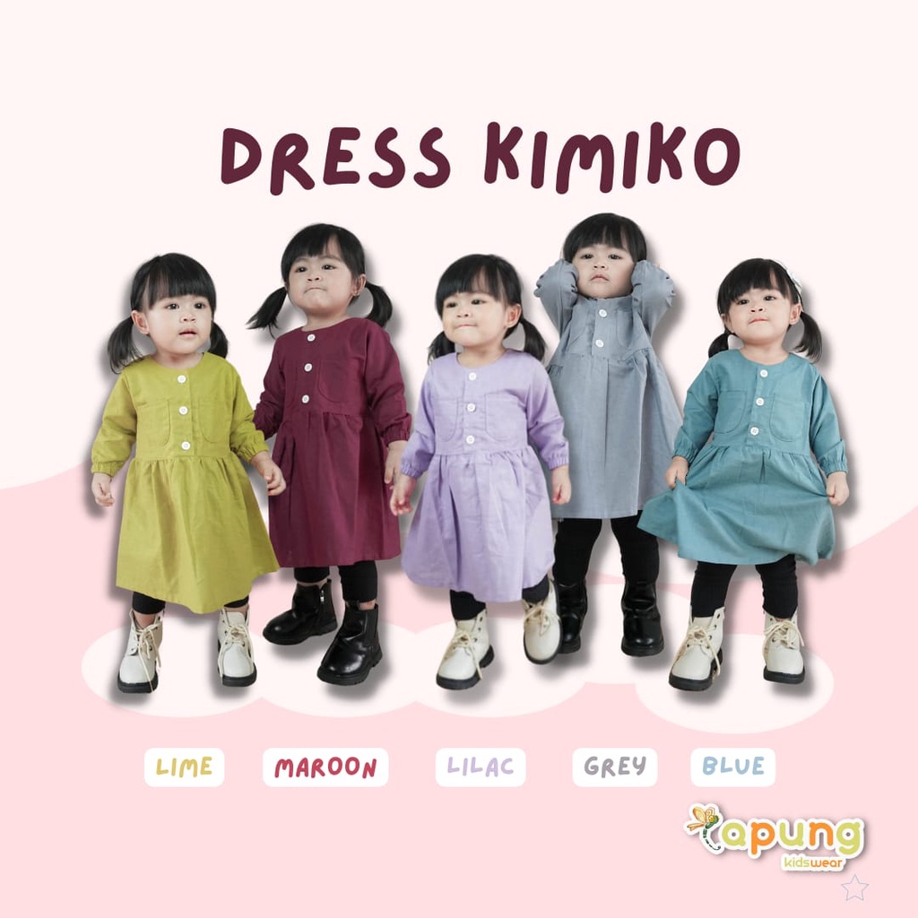 (Capung Kidswear) Dres Anak Polos Katun Rami Tangan Panjang Kimiko (1-6 tahun)