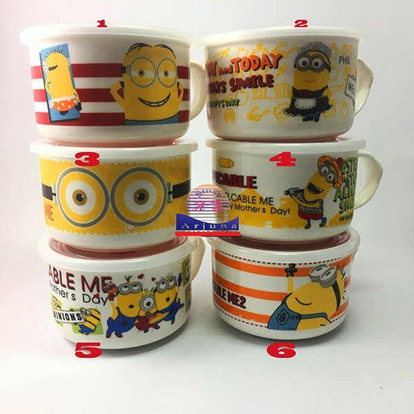 mug mangkok keramik  karakter lucu doraemon minion tempat bakso dan mie tutup srikon