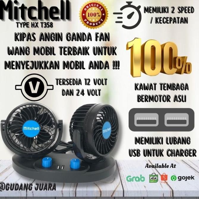 Kipas Angin Mobil Mitchell 12 Volt 24 Volt HX T357 358 Double Fan USB