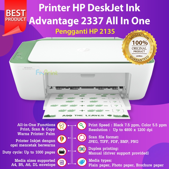 Printer HP Deskjet Ink Advantage 2336 2335 2337 NEW ORI RESMI Print Scan Copy A4 Cetak Max F4 Usb Penerus HP Deskjet 2135, Hp 2775 2776 with WiFi Wireless Black Color Photo Printer Kuliah Multifungsi All In One Termurah