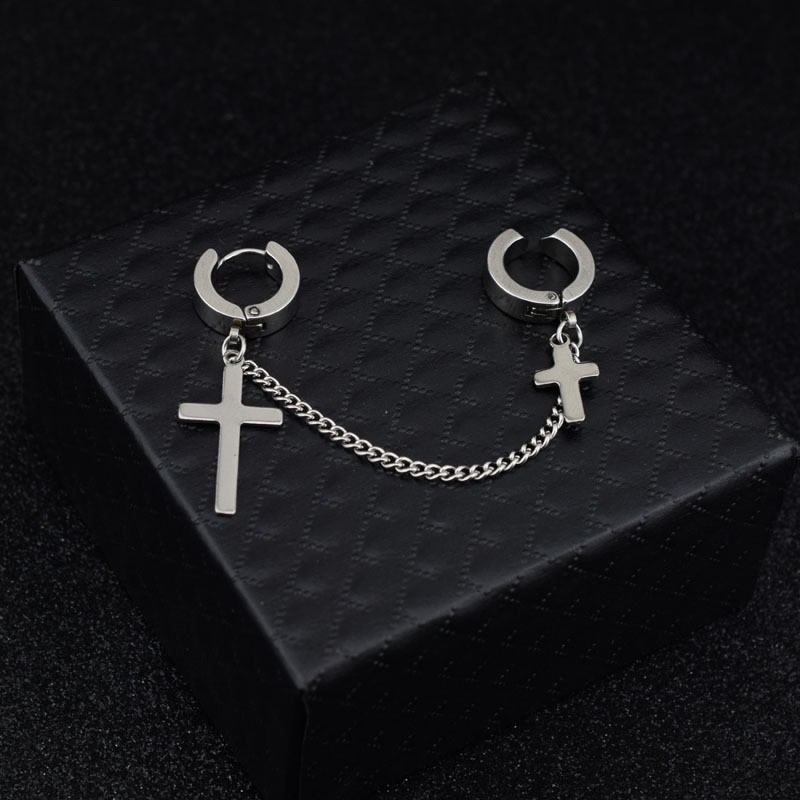 1Pc Kpop Punk Earring Double Cross Chains Ear Cuff Earrings Jewelry