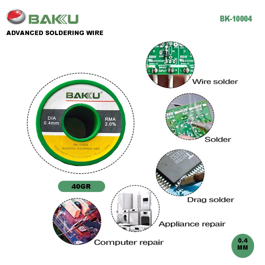 Baku BK-10004 0.4mm Timah Gulung/Timah Solder/Kawat Solder RMA 2.0%