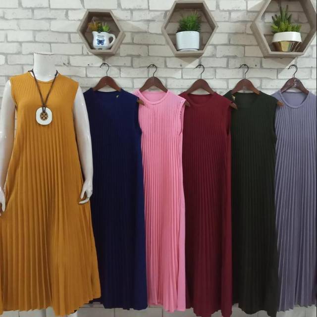 TMO CARDIGAN PLISKET/DRESS PANJANG/LONG DRESS/GAMIS TANPA LENGAN/ROK PLISKET TERUSAN JERSEY ADEM