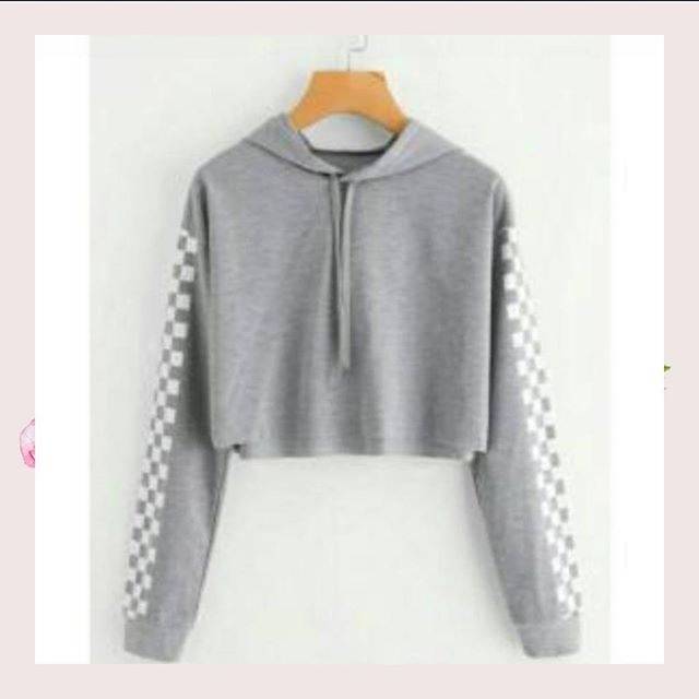 SWEATER CROP LENGAN GARIS KOTAK WARNA HITAM/MERAH/ABU-ABU