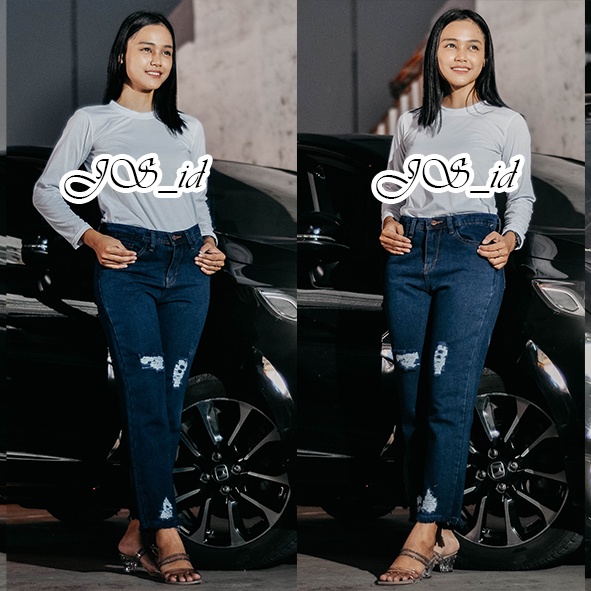 BOYFRIEND JEANS Wanita Non Stretch BF Jeans Ripped Sobek Wanita Kekinian Murah kode Neo